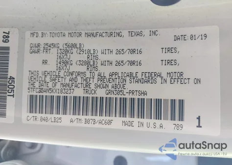 2019 Toyota Tacoma Trd Pro z USA, uszkodzony, nr VIN 5TFCZ5AN5KX183237